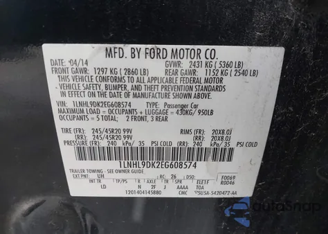 2014 Lincoln Mks z USA, uszkodzony, nr VIN 1LNHL9DK2EG608574